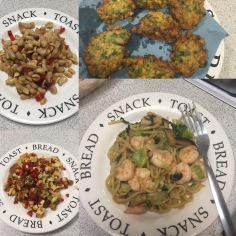 Clockwise from bottom left - Ma Po Tofu, Kung Poa Chicken, Sweetcorn Fritters, Prawn Chow Mein