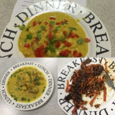 Clockwise from bottom left: Chicken Thai Red Curry, Prawn Thai Yellow Curry, Shredded Beef with Black Beans